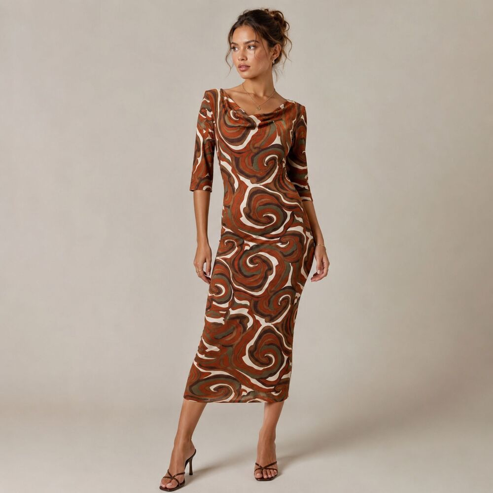 90s Y2K Festival Psychedelic Swirl Cowl Neck Feminine Bodycon Midi Dress